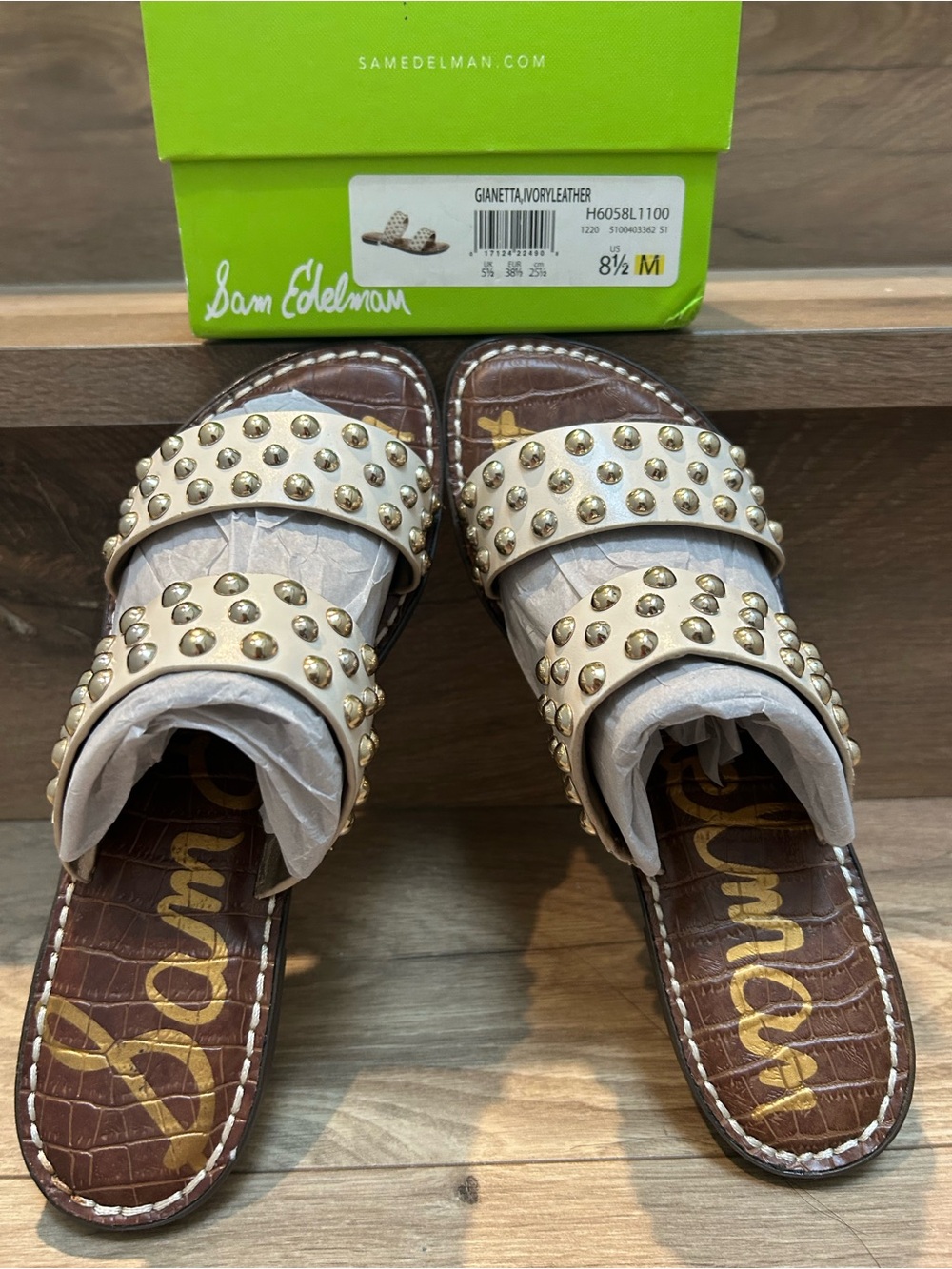 Sam Edelman Ivory Leather Studded Double-Strap Slide Mules